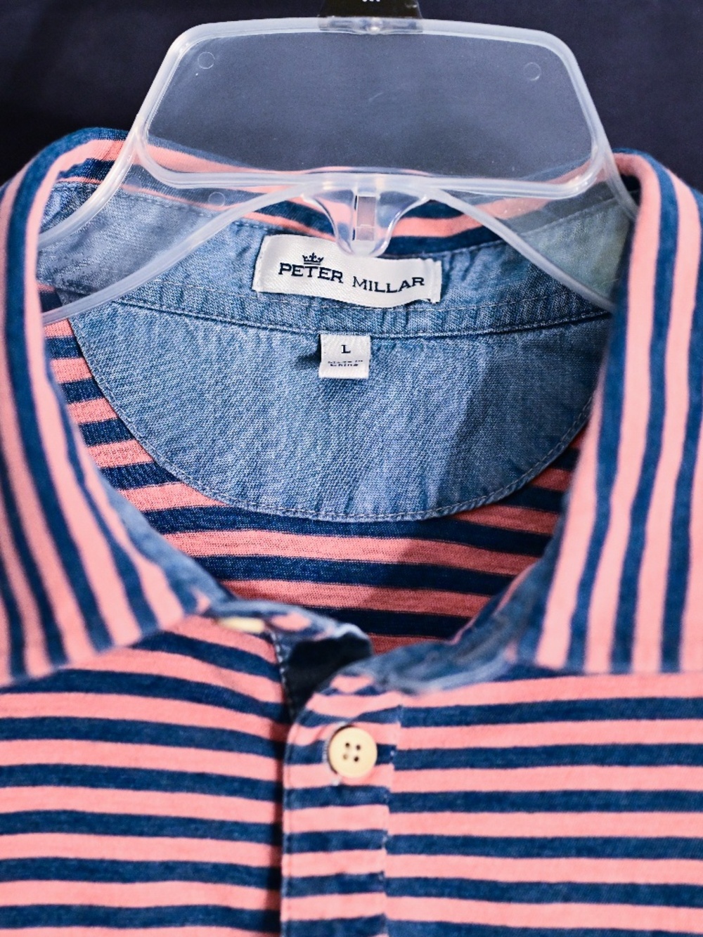 Men's Peter Millar Seaside Stripe Indigo Polo Pink/Blue Size Large